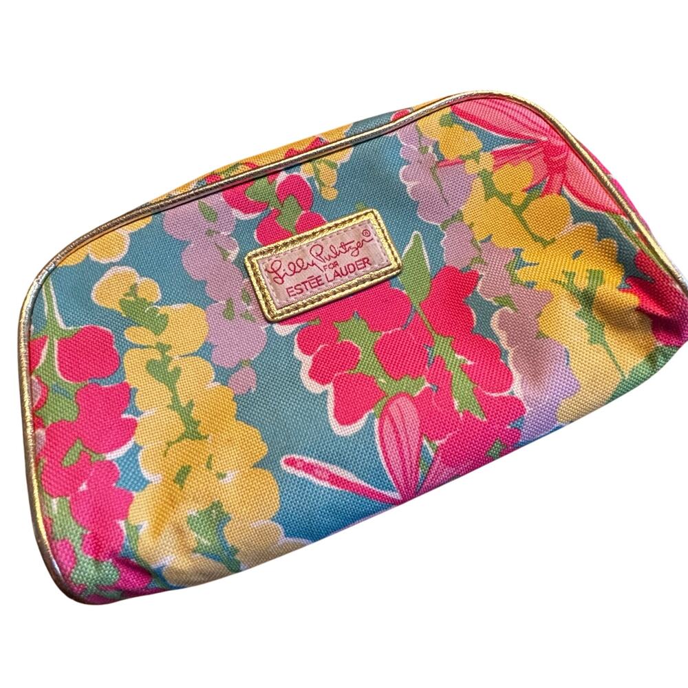 Lilly Pulitzer for Estee Lauder canvas makeup pouch gold trim pink yellow aqua